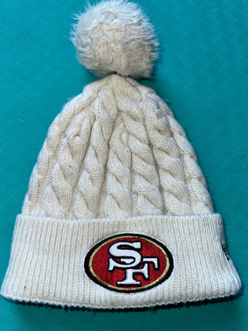 New Era White Cable Knit Pom Beanie with Red & Gold SF Logo